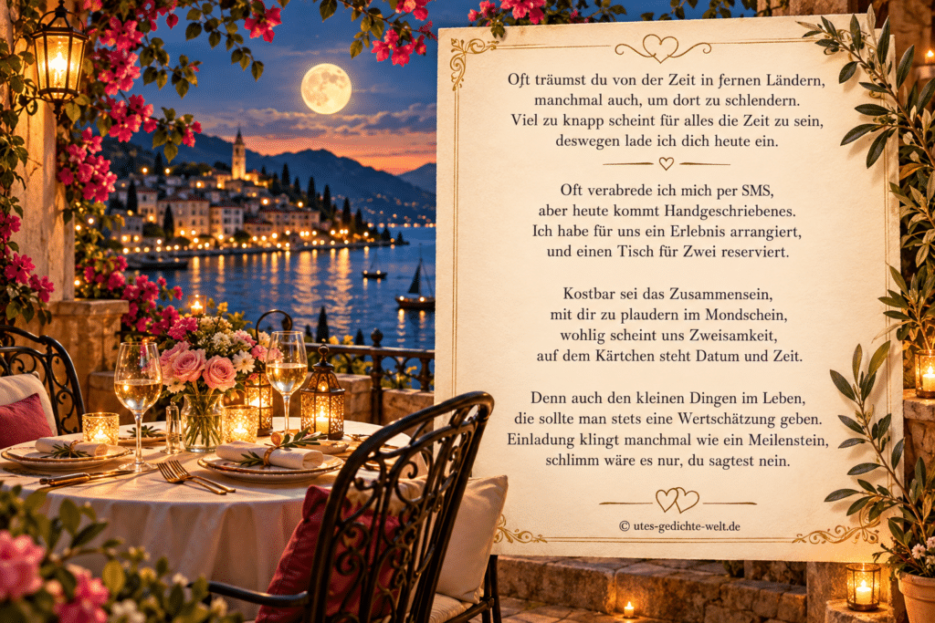 Romantisches Einladungsgedicht zum Essen vor einer stimmungsvollen Abendkulisse am See mit gedecktem Tisch für zwei, Kerzen, Blumen, Vollmond und mediterranem Dorf – Webgrafik von utes-gedichte-welt.de.