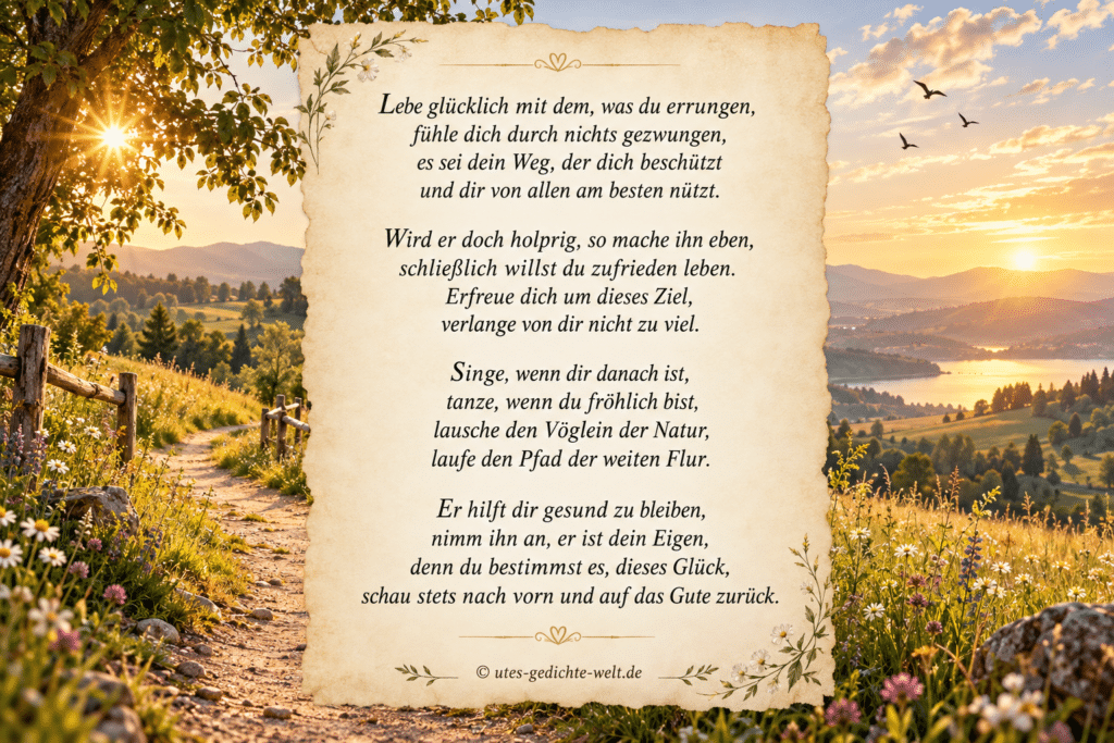 Geburtstagsgedicht in dekorativer Pergamentoptik vor einer sonnigen Natur- und Berglandschaft mit Blumenwiese, Weg, Bäumen und Abendhimmel – Webgrafik von utes-gedichte-welt.de.