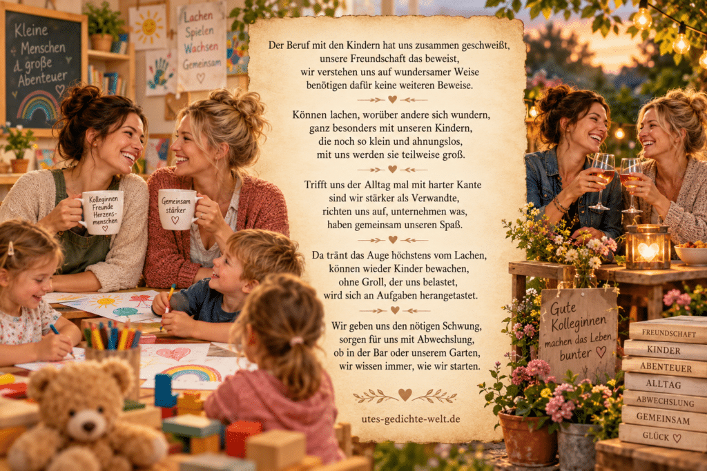 Gedicht für Kolleginnen und Freundinnen aus der Arbeit mit Kindern auf einer dekorativen Pergamenttafel, umrahmt von zwei Frauen im Kita-Alltag mit Kindern sowie bei einem fröhlichen Abend im Garten – Webgrafik von utes-gedichte-welt.de.