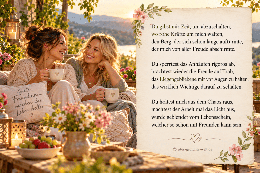 Freundschaftsgedicht für die beste Freundin mit zwei Frauen bei einem entspannten Abend am See, Blumen, Kerzen und warmem Sonnenlicht – Webgrafik von utes-gedichte-welt.de.