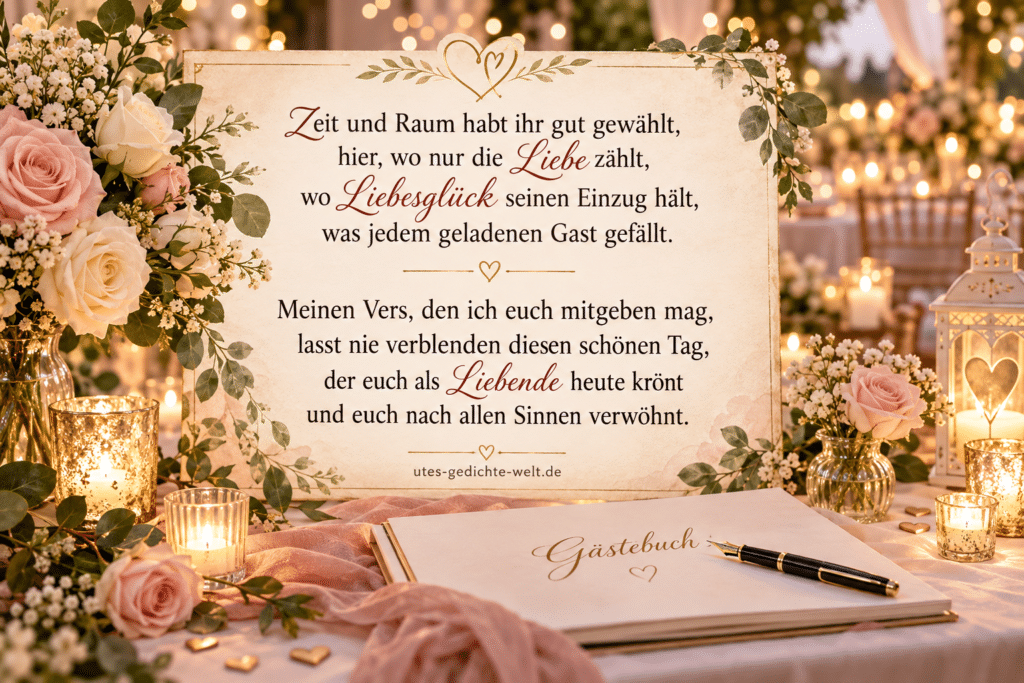 Romantischer Text fürs Hochzeitsgästebuch auf einer dekorativen Karte inmitten einer festlich geschmückten Hochzeitstafel mit Rosen, Kerzenlicht, Gästebuch und eleganter Abendstimmung – Webgrafik von utes-gedichte-welt.de.