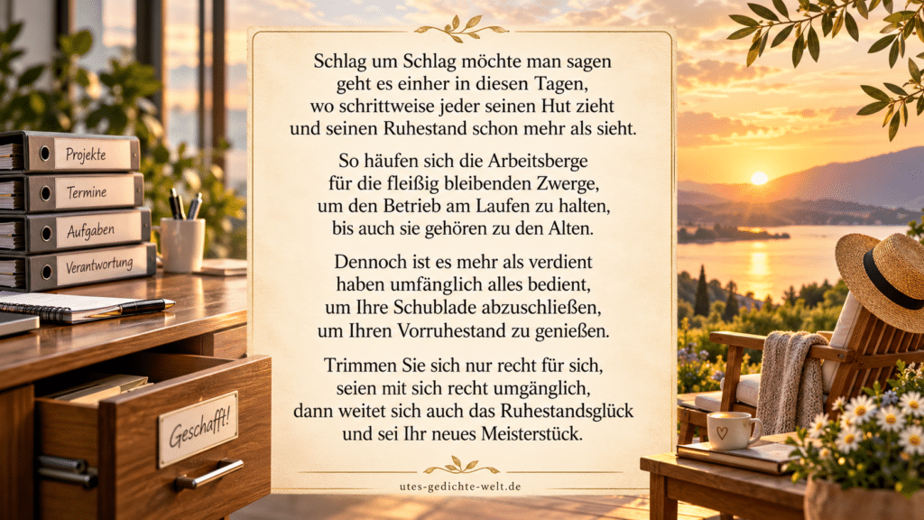 Gedicht zum Vorruhestand auf einer Pergamenttafel zwischen Büro und idyllischem Seeblick bei Sonnenuntergang, mit Aktenordnern, geöffnetem Schreibtisch, Liegestuhl und Kaffeetasse – Webgrafik von utes-gedichte-welt.de.