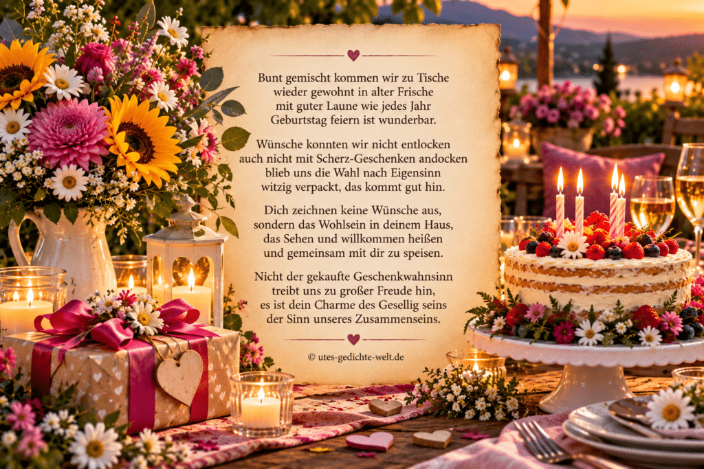Geburtstagsgedicht für Freunde auf einer festlich gedeckten Geburtstagstafel ohne Personen, mit Blumen, Kerzen, Geschenk und Geburtstagstorte in warmer Abendstimmung