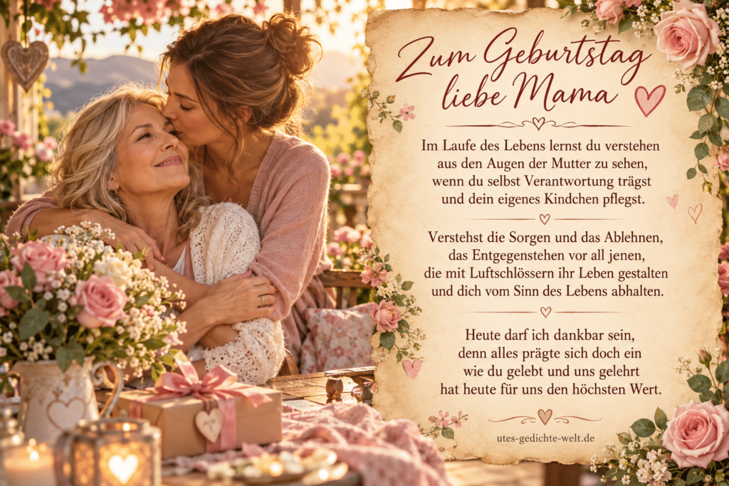 Geburtstagsgedicht für die Mama auf einer liebevoll gestalteten Pergamentkarte mit Mutter und Tochter in inniger Umarmung, Blumen, Geschenk und warmer Gartenstimmung