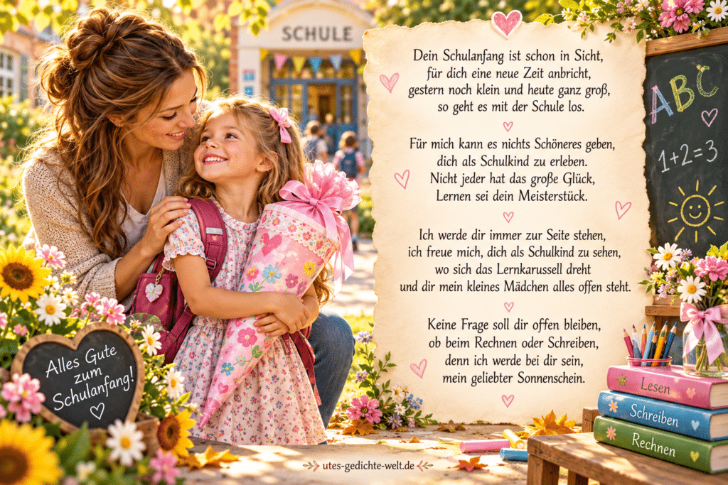 Einschulungsgedicht auf einer liebevoll gestalteten Pergamentkarte mit Mutter und Schulkind vor einer Schule, Schultüte, Schulranzen, Tafel und bunten Blumen