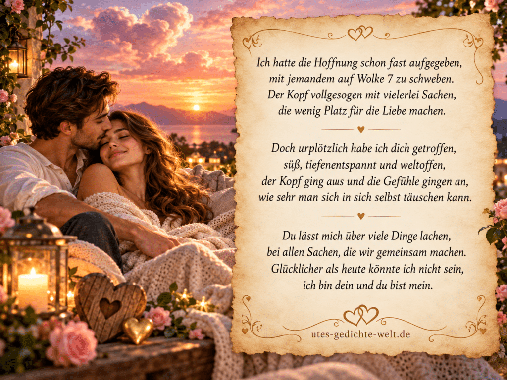 Romantisches Liebesgedicht auf einer dekorativen Pergamentkarte mit verliebtem Paar bei Sonnenuntergang, Rosen, Kerzen und Herzdekoration